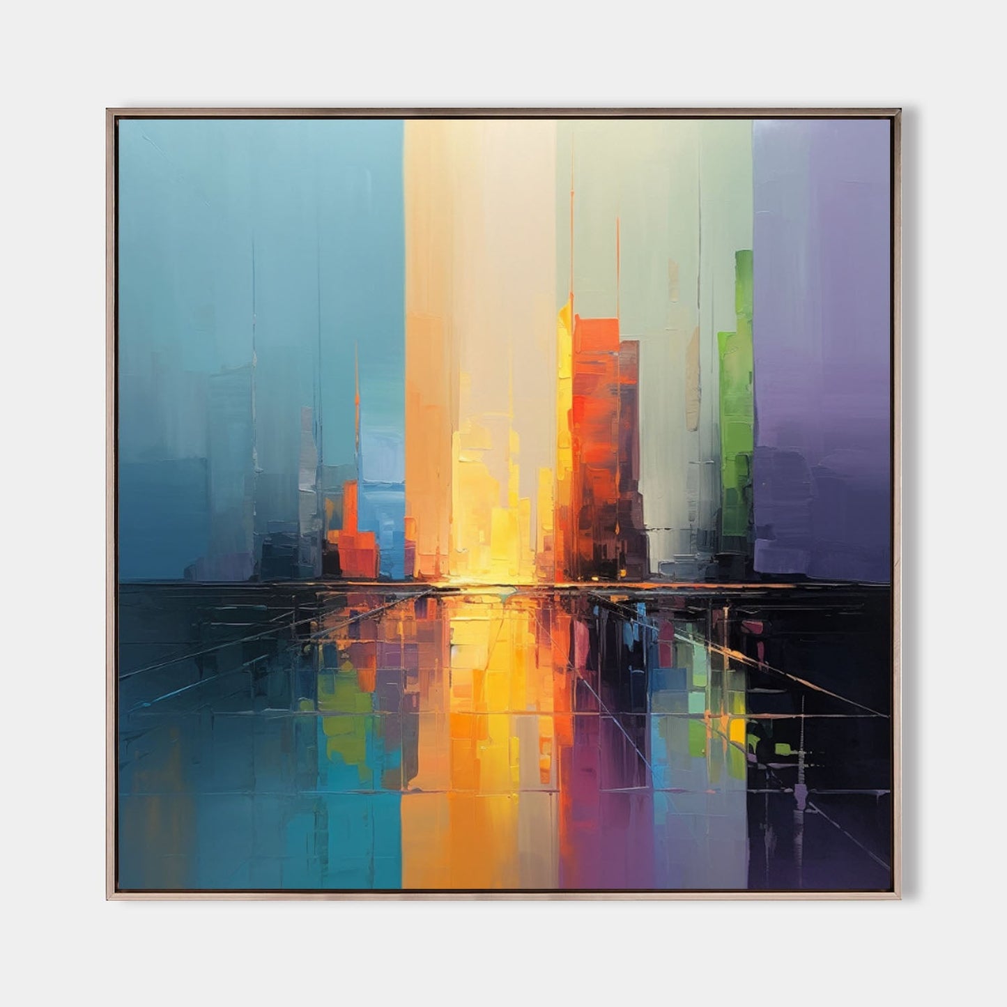 Vibrant Cityscape Oil Painting with Reflective Colors and Modern Abstract Style