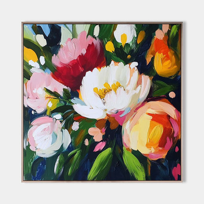 Vibrant Floral Oil Painting with Bold Colors and Modern Abstract Design