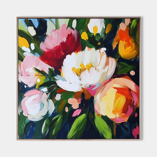 Vibrant Floral Oil Painting with Bold Colors and Modern Abstract Design