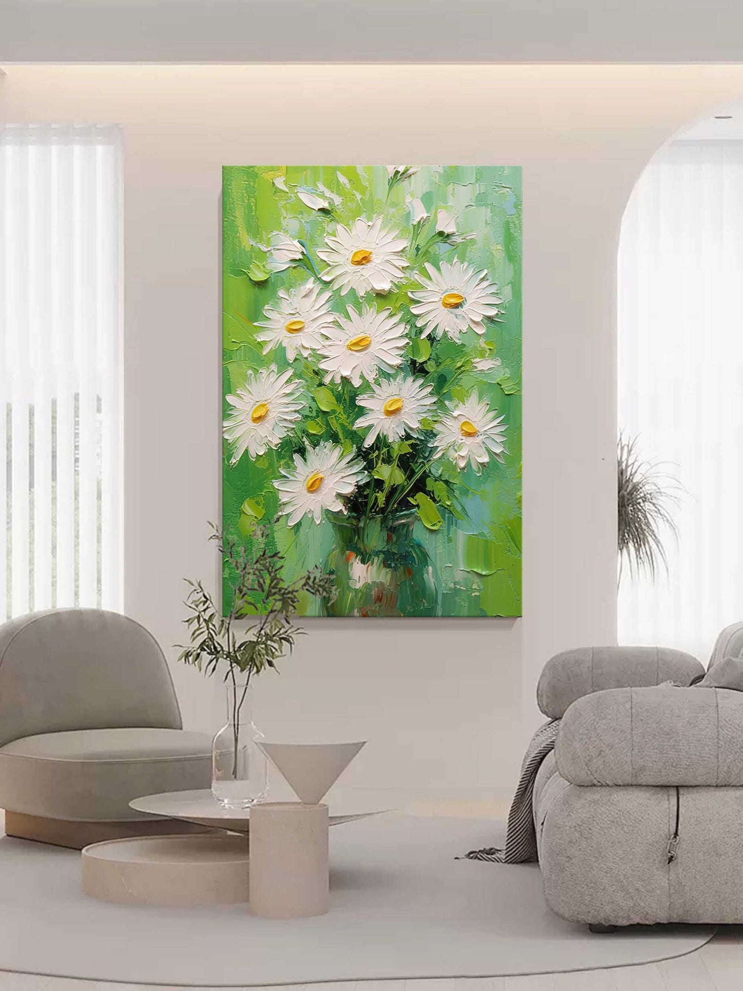 Vibrant Daisy Bouquet Oil Painting in Green and White for Bright Home Decor