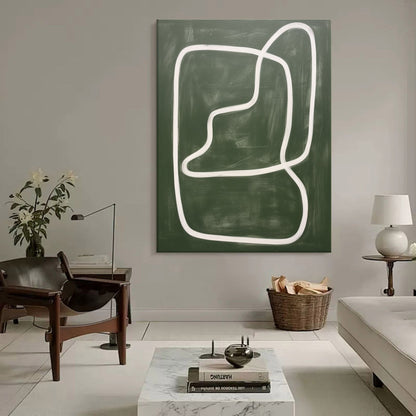 Abstract Line Art - Modern Wabi-Sabi Green Oil Painting for Contemporary Decor