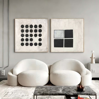 Modern Abstract Duo - Black and White Geometric Oil Paintings for Contemporary Decor