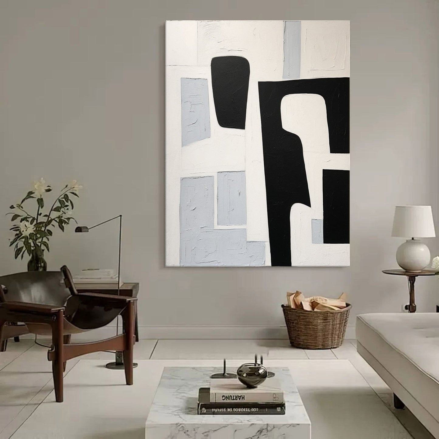 Abstract Black and White Minimalist Oil Painting for Modern Decor