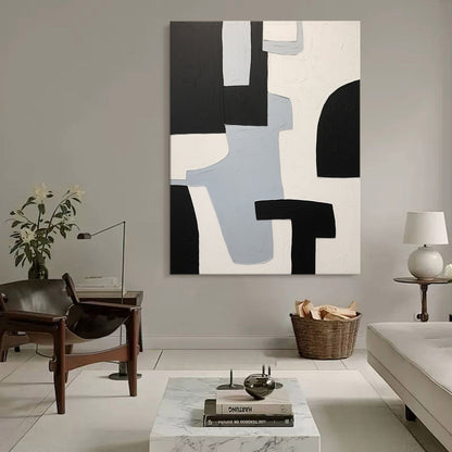 Abstract Black and White Minimalist Oil Painting for Modern Home Decor