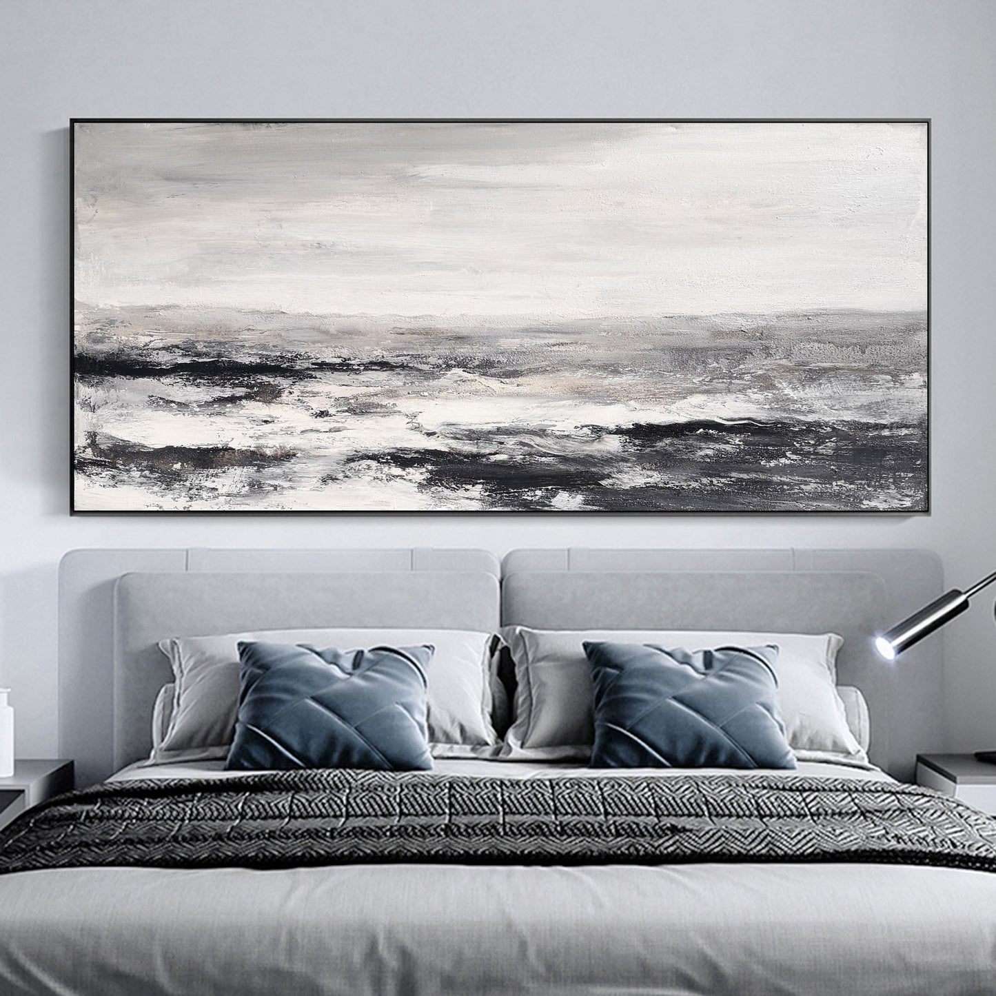 Monochrome Ocean Waves: Abstract Black and White Coastal Oil Painting for Modern Decor