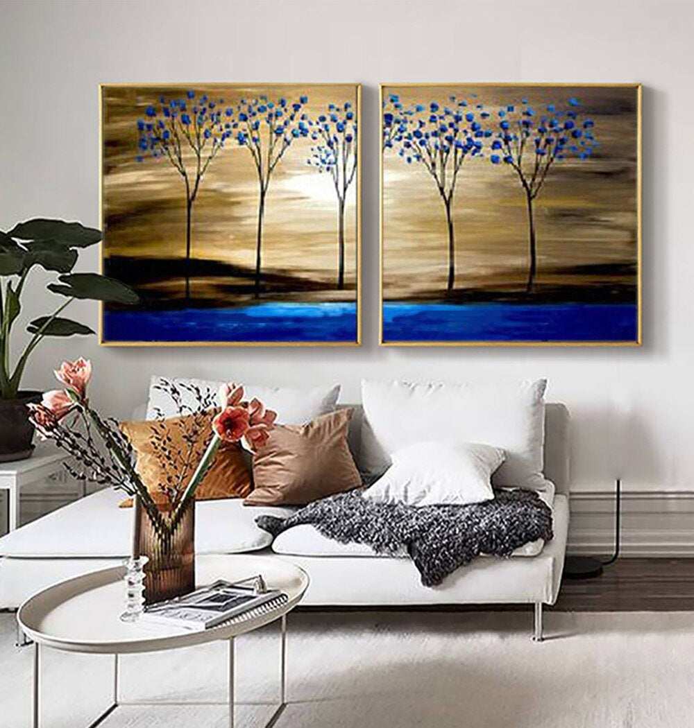 Vibrant Blue Oasis: Stunning Oil Painting of Trees and Water Landscape