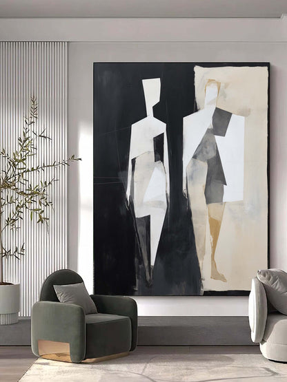 Abstract Minimalist Oil Painting of Elegant Human Forms in Black and White