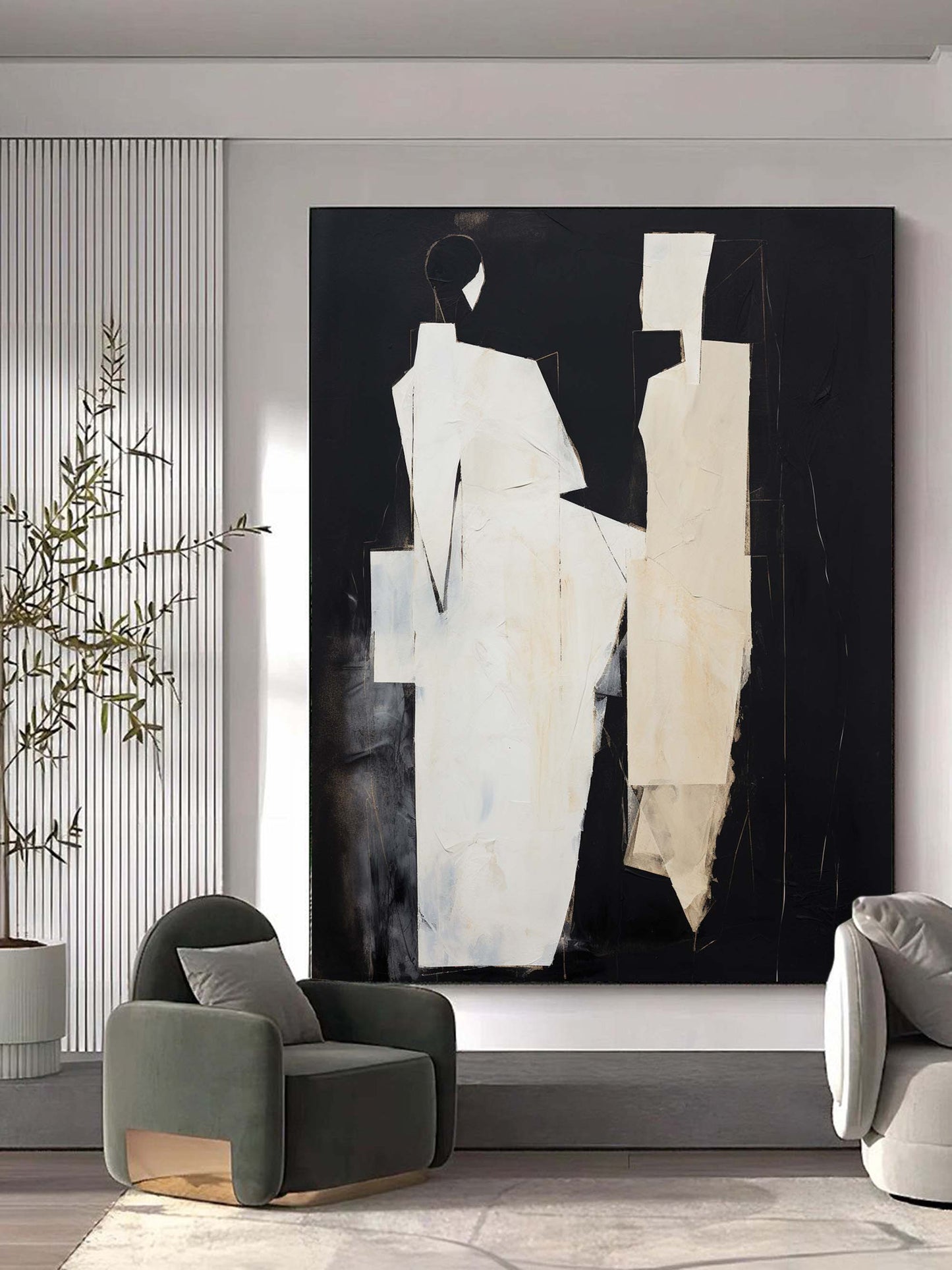 Abstract Black and White Minimalist Oil Painting for Modern Home Decor