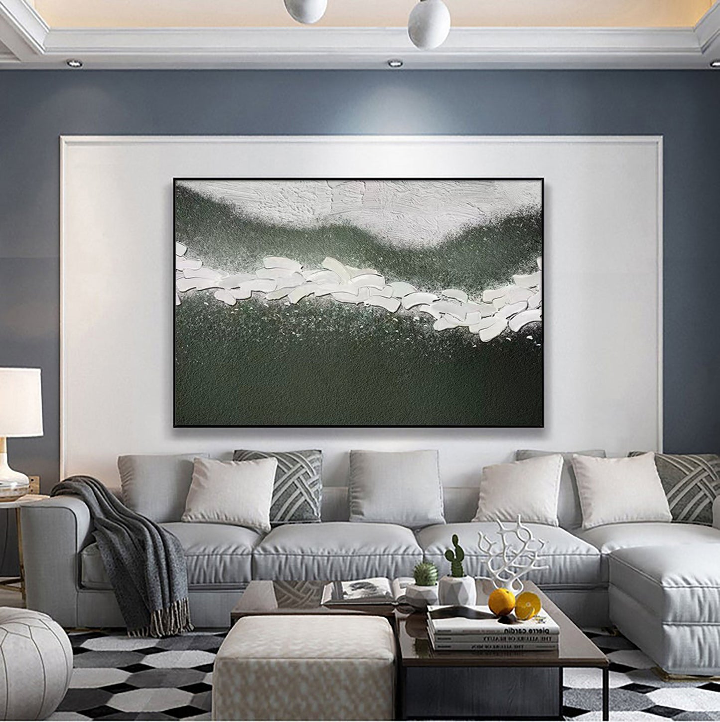 Aqua Serenity: Modern Blue and Green Abstract Oil Painting for Home Decor