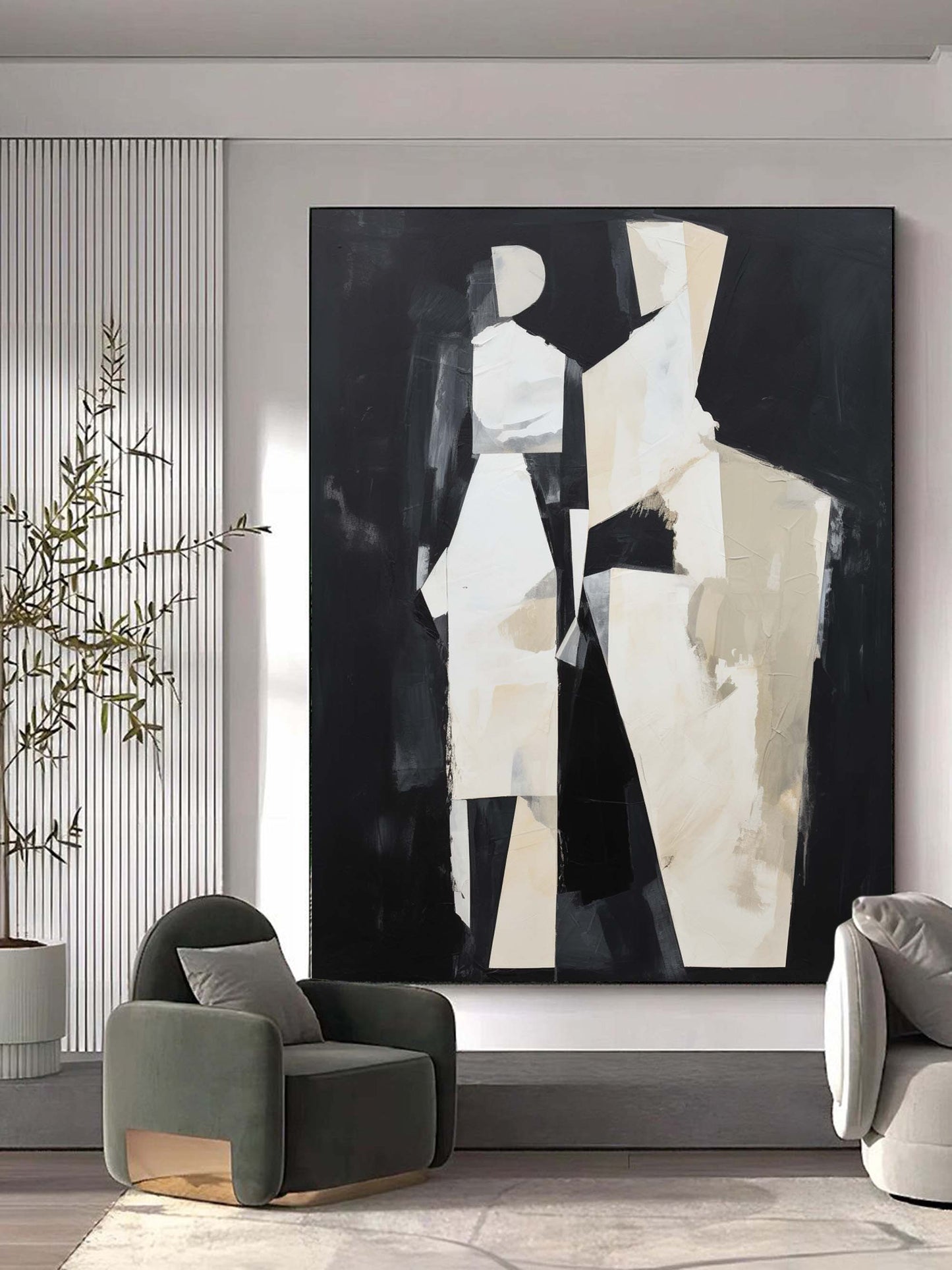 Abstract Black and White Minimalist Oil Painting for Modern Home Decor