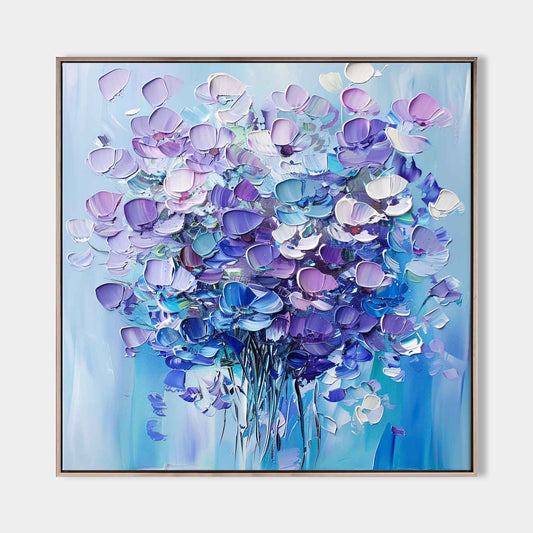 Vibrant Floral Abstract Oil Painting in Blue and Purple Tones for Modern Decor