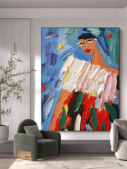 Vibrant Abstract Oil Painting of a Woman in Colorful Attire and Expressive Background