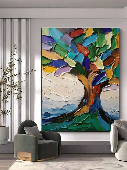 Vibrant Abstract Tree Oil Painting with Colorful Textures and Scenic Background