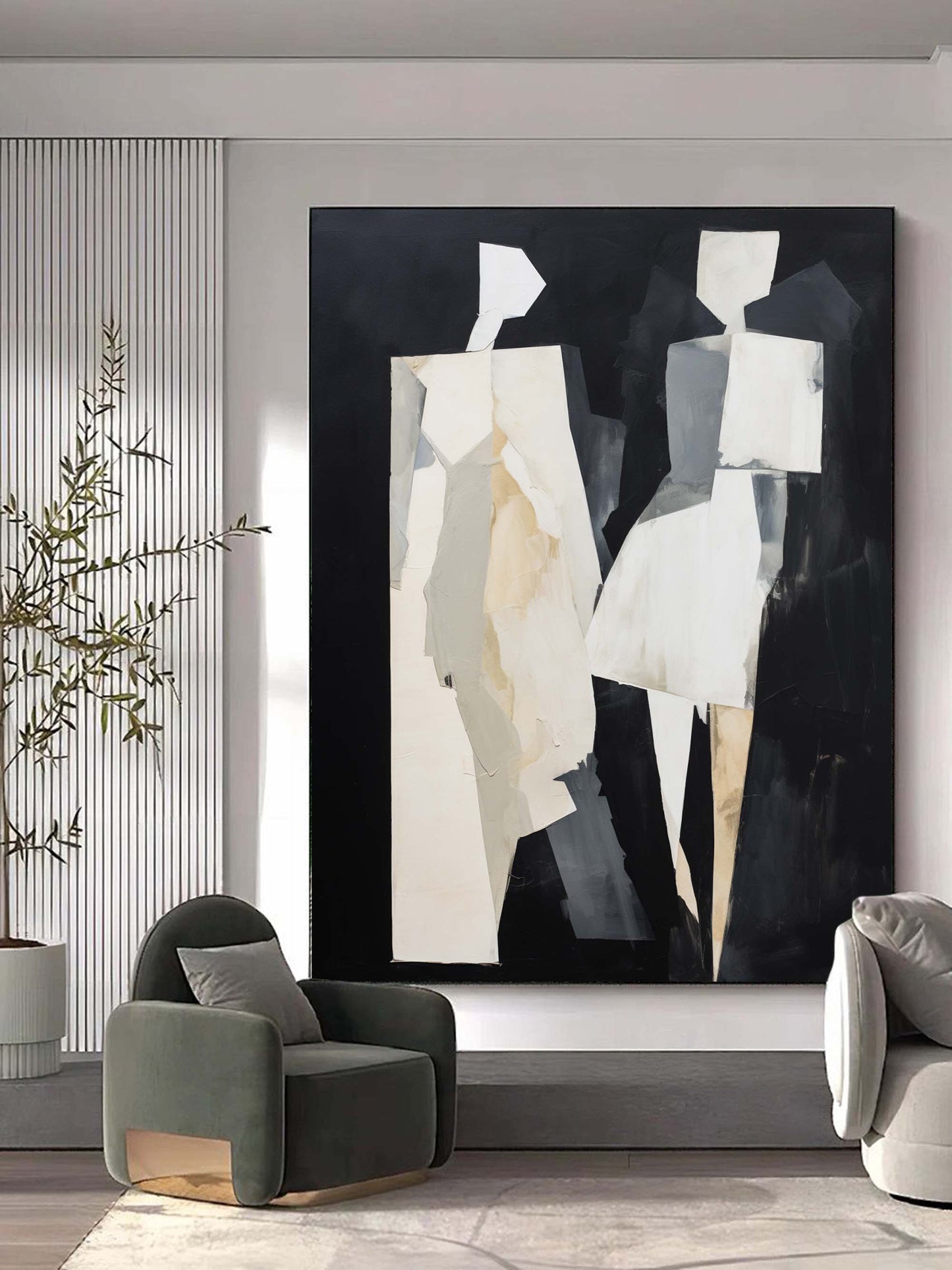 Abstract Minimalist Oil Painting of Figures in Monochrome Palette