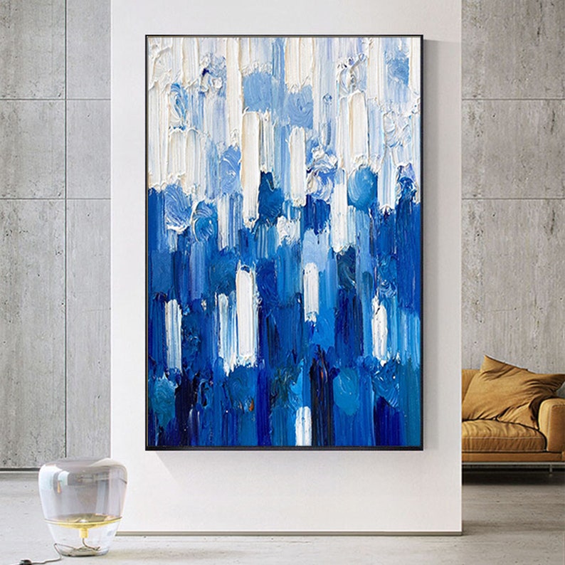 Serene Blue Abstract Oil Painting with Textured Brushstrokes for Modern Decor