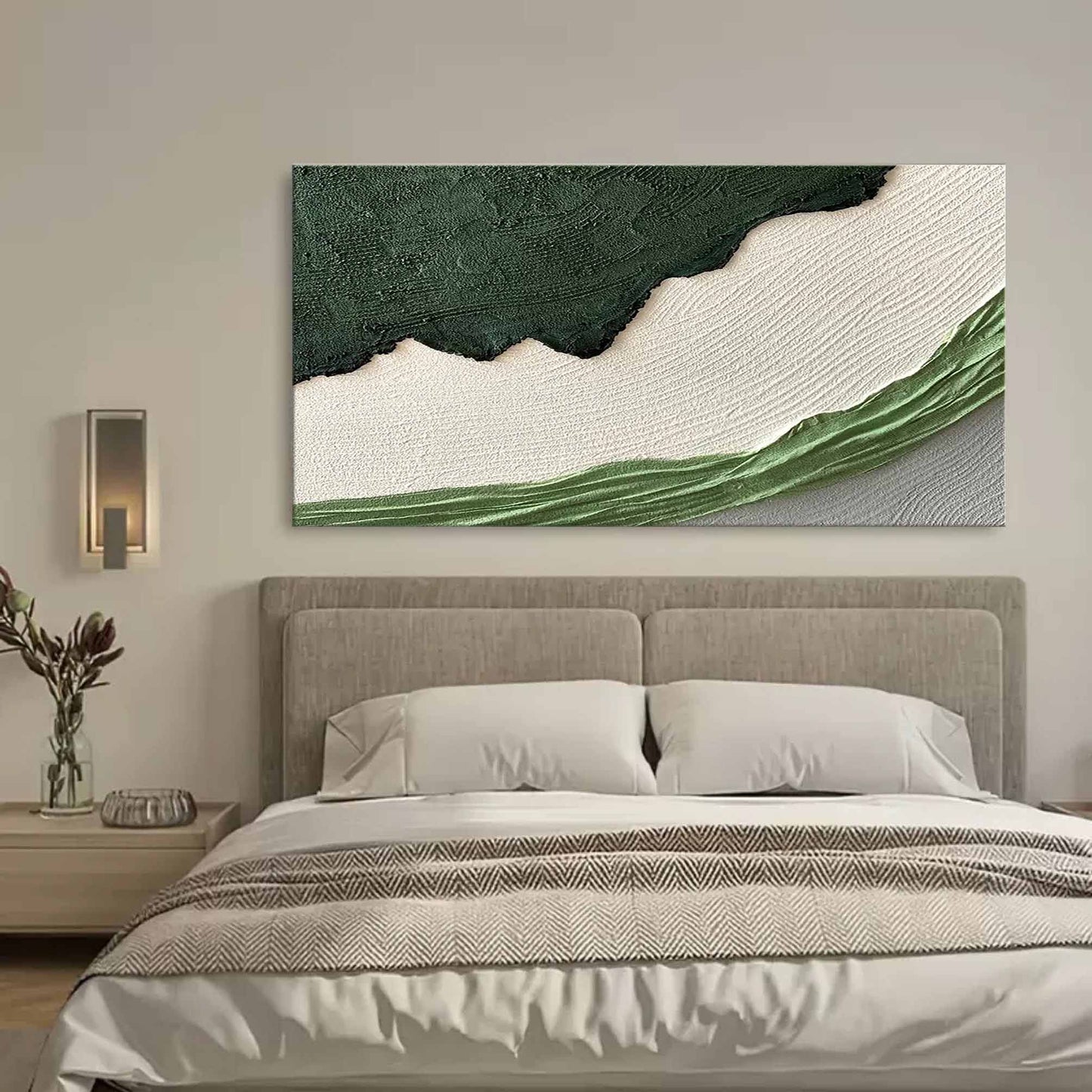 Abstract Green and White Textured Oil Painting for Modern Home Decor