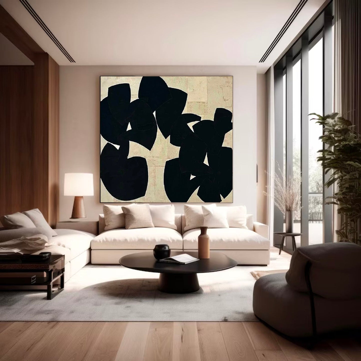 Contemporary Minimalist Abstract Oil Painting with Bold Black Shapes