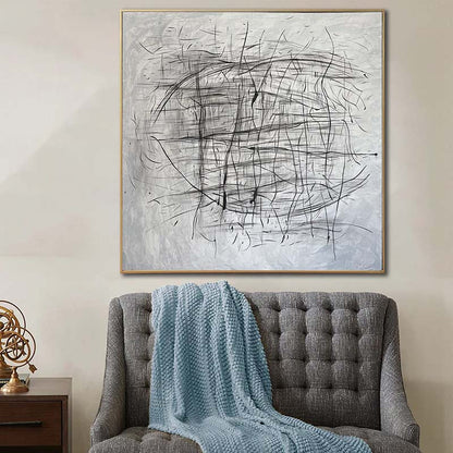 Abstract Gray Lines Oil Painting for Modern Office Decor