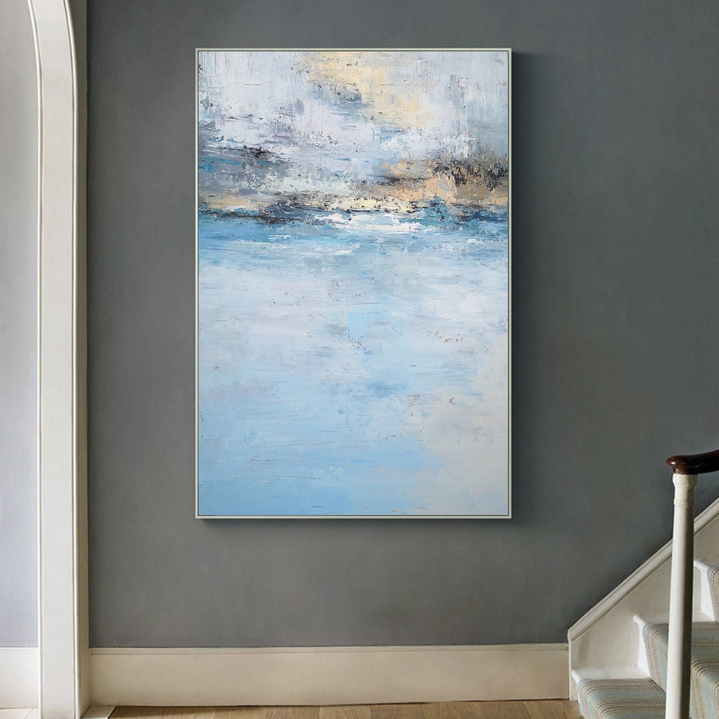 Serene Beach Sunset Oil Painting in Tranquil Blues and Gold Hues
