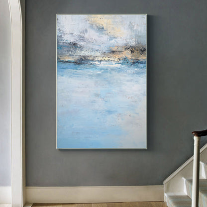 Serene Beach Sunset Oil Painting in Tranquil Blues and Gold Hues