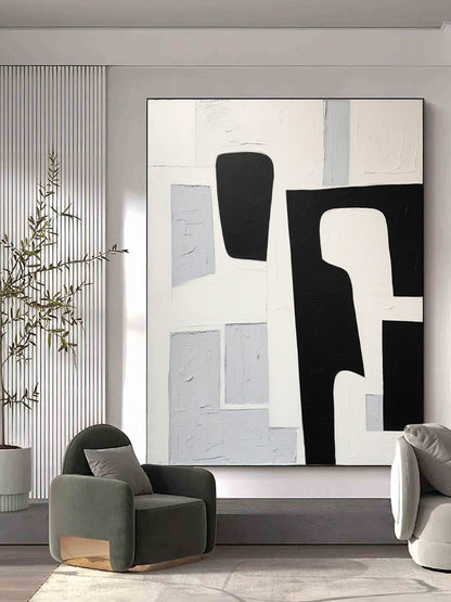 Abstract Black and White Minimalist Oil Painting for Modern Decor