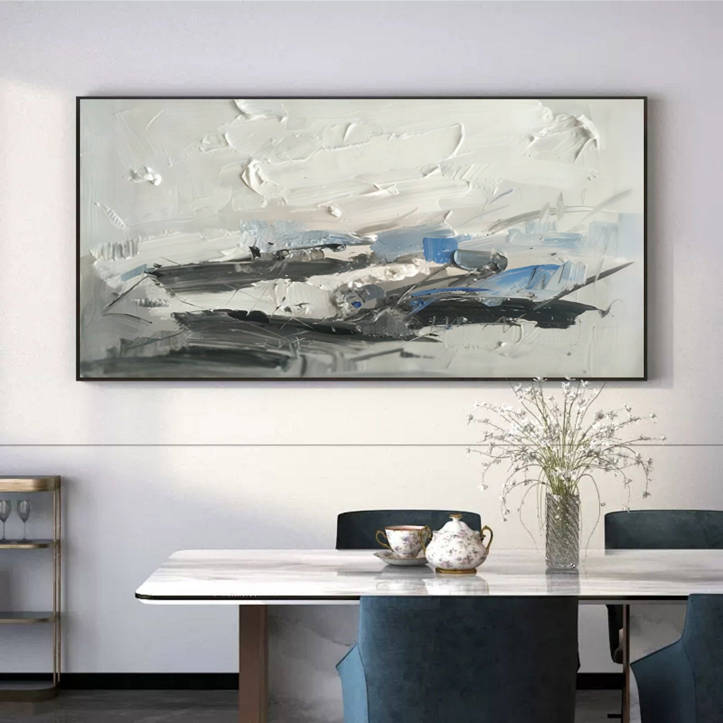 Abstract Textured Oil Painting in Blue and White - Contemporary Wall Art