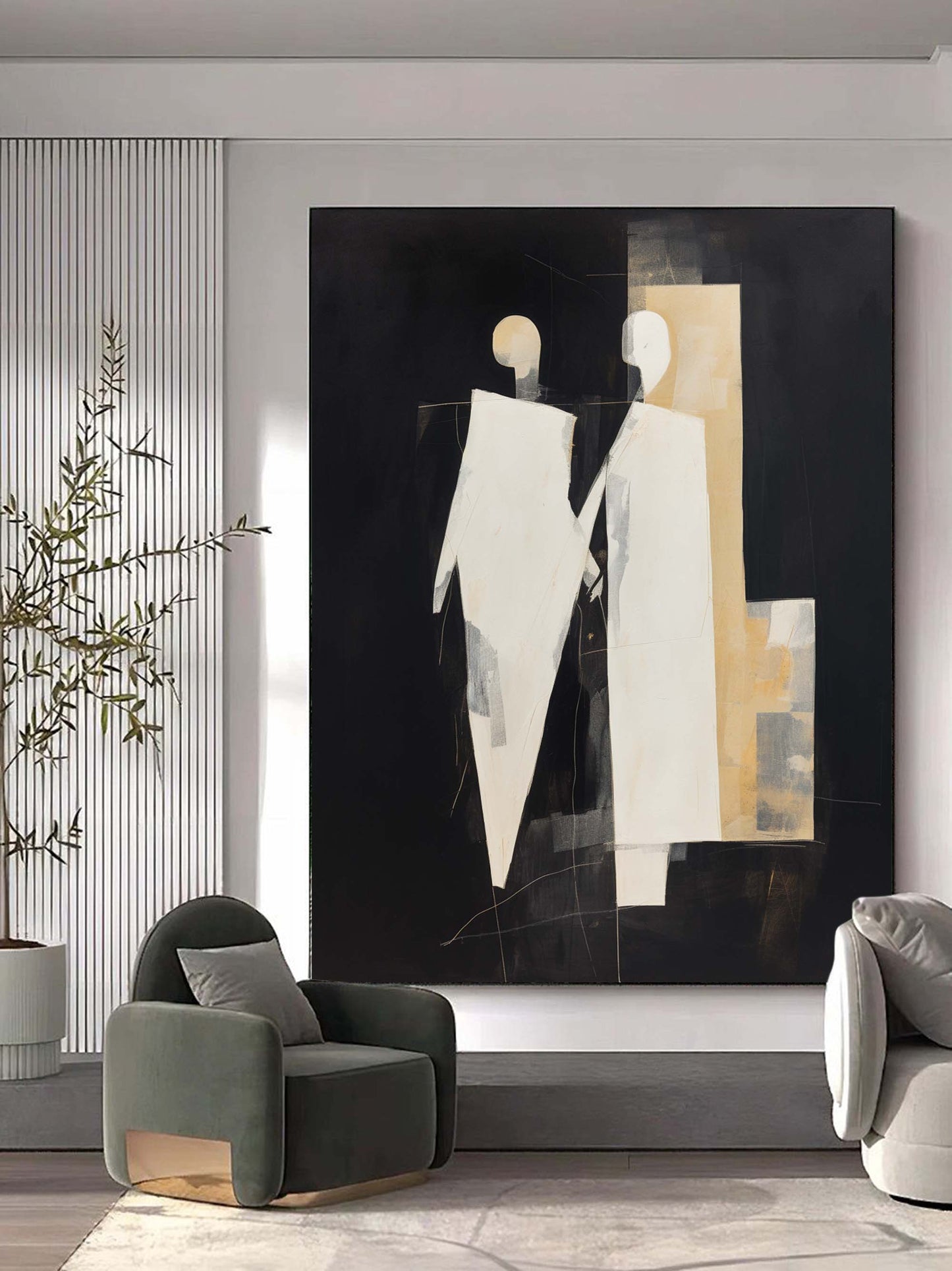 Abstract Minimalist Oil Painting of Figures in Elegant Black and White