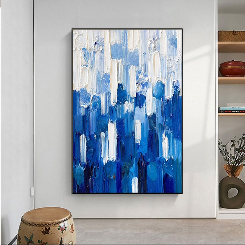 Serene Blue Abstract Oil Painting with Textured Brushstrokes for Modern Decor