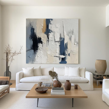 Contemporary Blue and Beige Abstract Oil Painting for Modern Home Decor