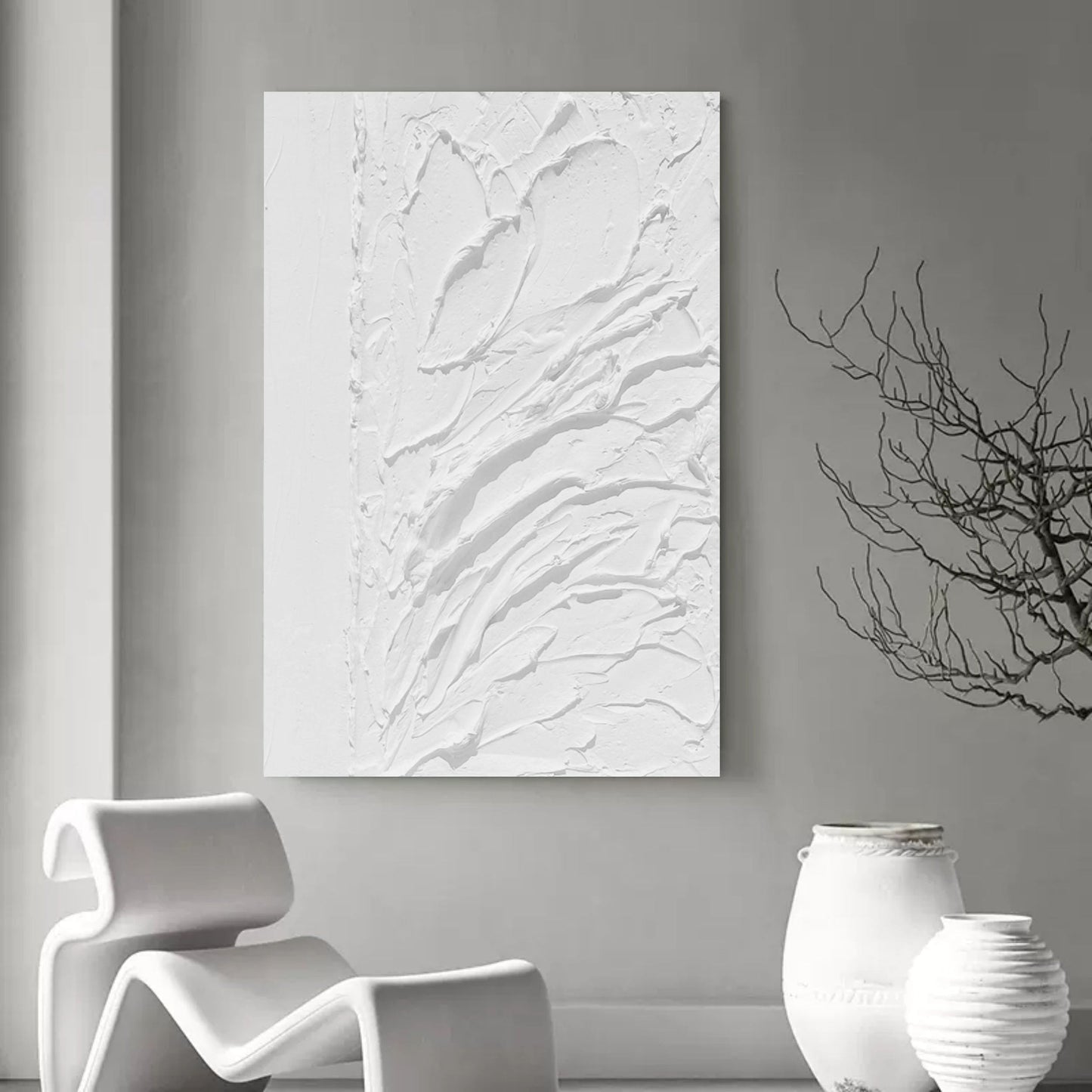 Textured White Floral Plaster Oil Painting for Elegant Home Decor