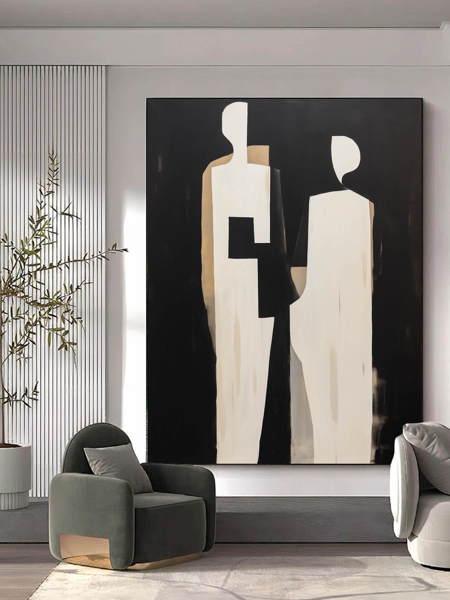 Modern Minimalist Oil Painting of Abstract Figures for Stylish Home Decor