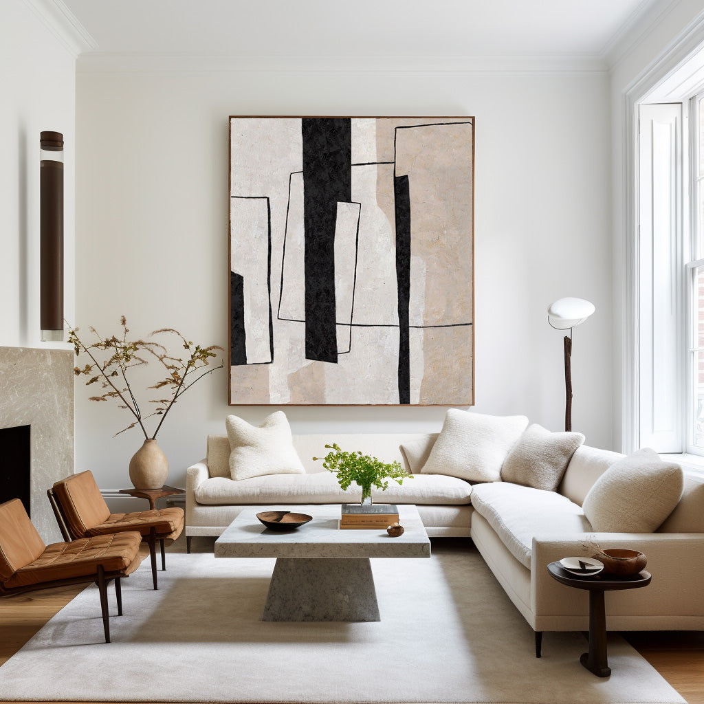 Contemporary Black and White Geometric Oil Painting for Modern Home Decor