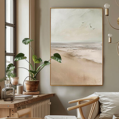 Serene Coastal Landscape Oil Painting with Soft Hues and Gentle Waves