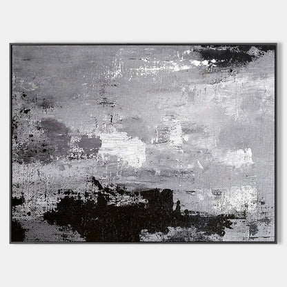 Monochrome Abstract Oil Painting in Black, White, and Gray for Modern Decor