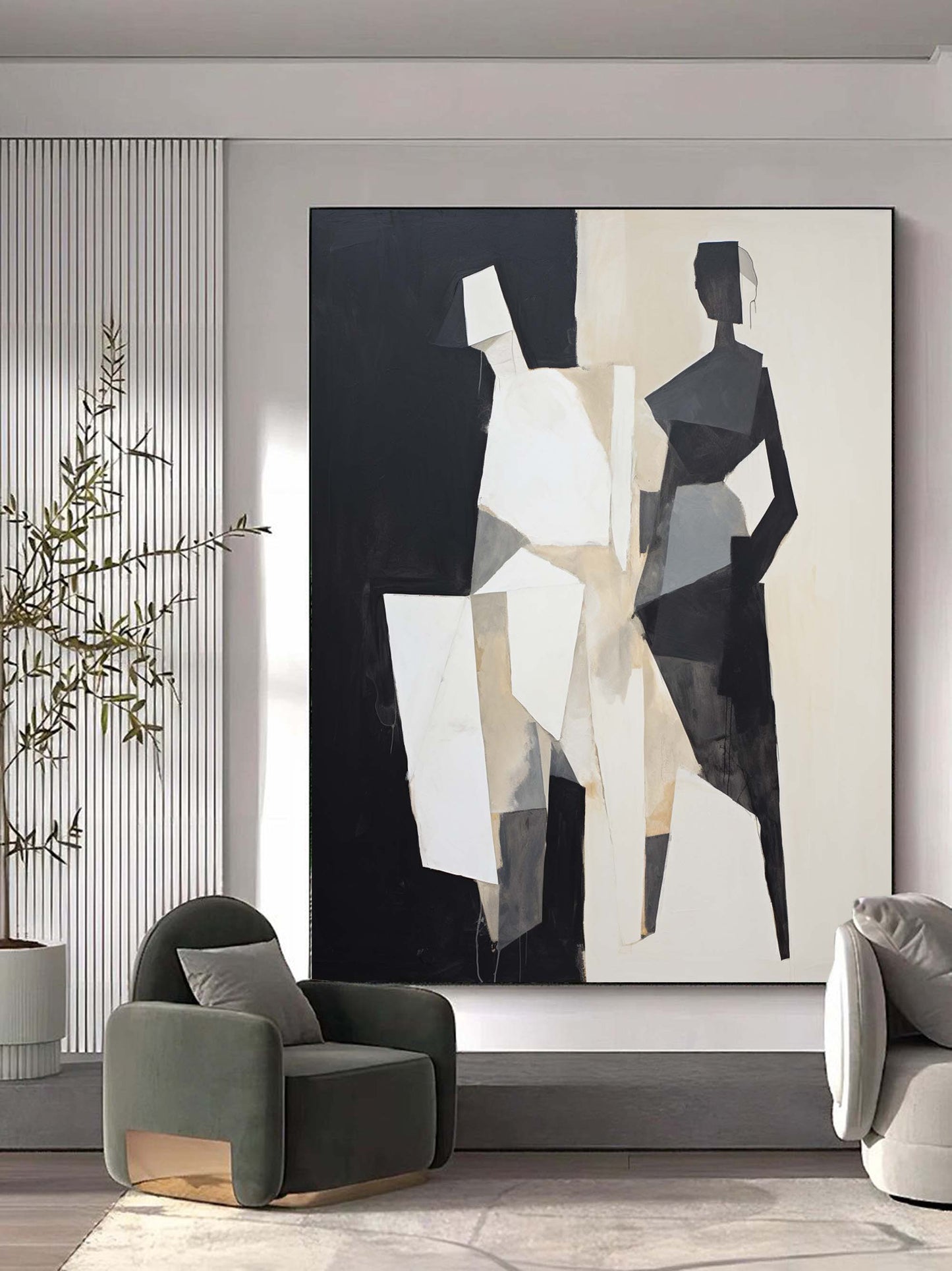 Stylish Abstract Oil Painting in Black and White for Modern Home Decor