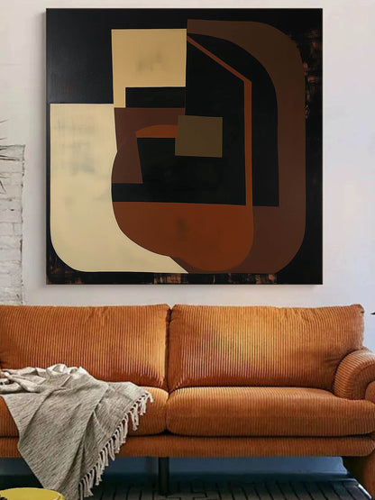 Modern Vintage Abstract Oil Painting with Earthy Tones and Unique Design