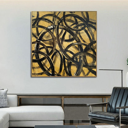 Abstract Black and Gold Infinity Circles Oil Painting for Modern Decor