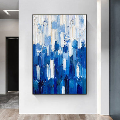 Serene Blue Abstract Oil Painting with Textured Brushstrokes for Modern Decor