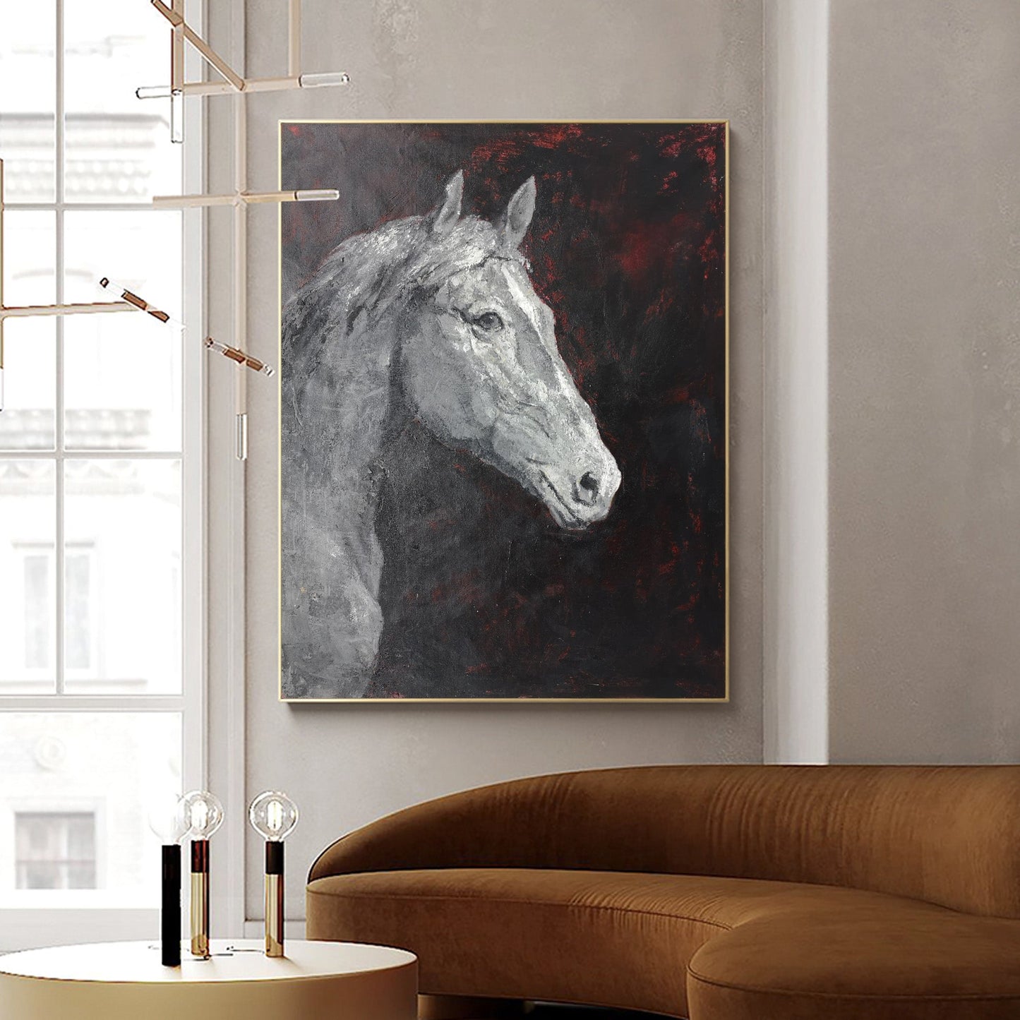 Stylish Black and White Horse Portrait Oil Painting for Modern Home Decor