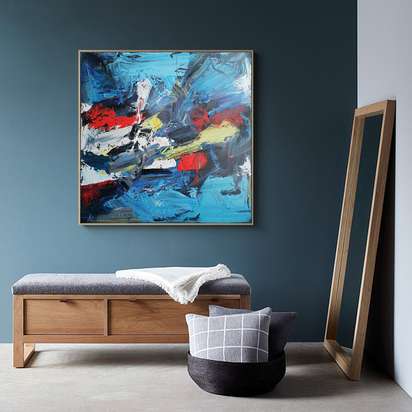 Vibrant Blue and Red Abstract Oil Painting for Modern Home Decor