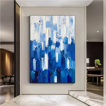 Serene Blue Abstract Oil Painting with Textured Brushstrokes for Modern Decor