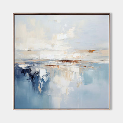 Serene Coastal Abstract Oil Painting with Blue and Cream Hues for Modern Decor