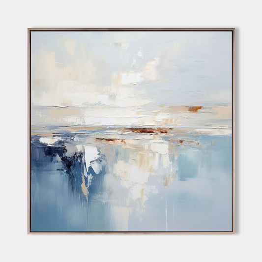 Serene Coastal Abstract Oil Painting with Blue and Cream Hues for Modern Decor