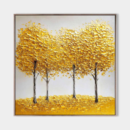 Vibrant Yellow Abstract Tree Landscape Oil Painting for Modern Home Decor