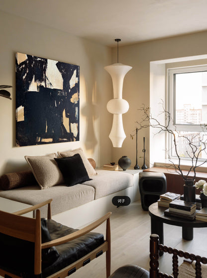 Contemporary Minimalist Abstract Oil Painting with Bold Black and Beige Design
