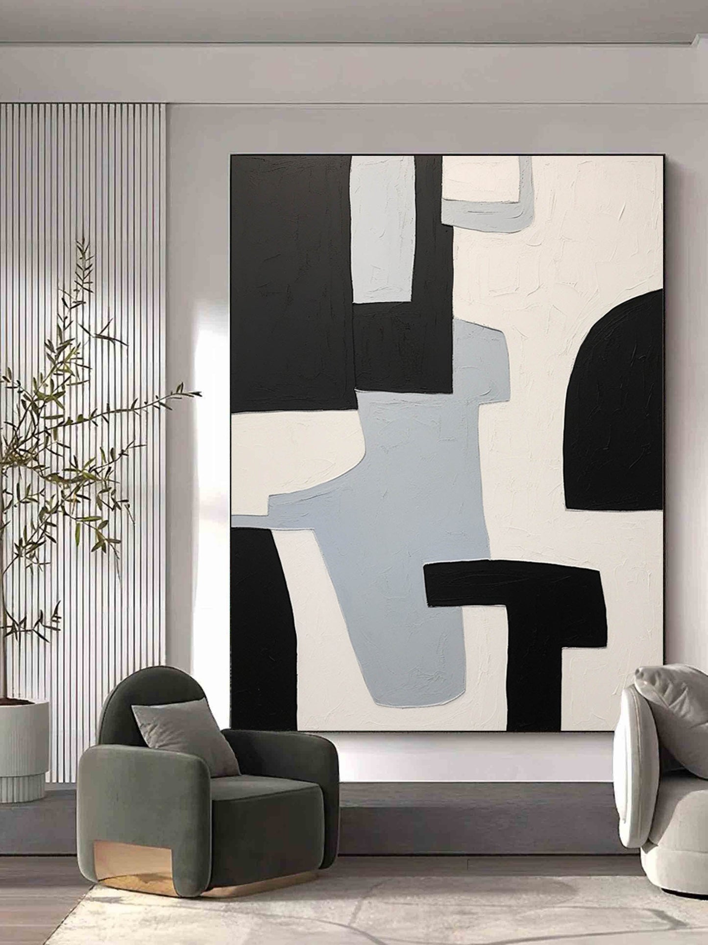 Abstract Black and White Minimalist Oil Painting for Modern Home Decor