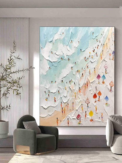 Vibrant Beach Day Oil Painting with Textured Waves and Colorful Sunbathers