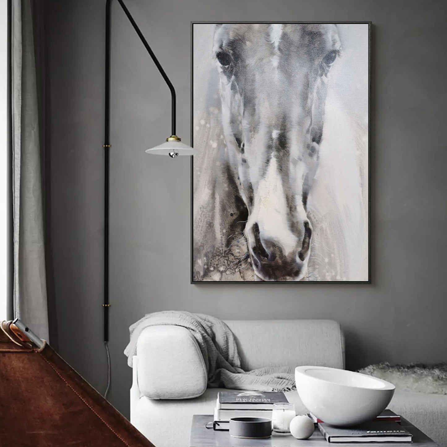 Stunning Grey and White Abstract Horse Oil Painting for Modern Home Decor