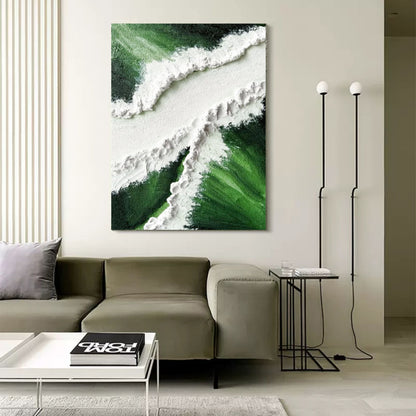 Textured Green and White Abstract Oil Painting for Modern Home Decor