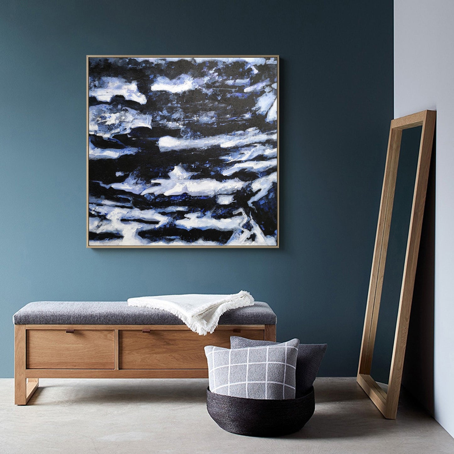 Ocean Depths Abstract Oil Painting in Striking Blue and Black Tones